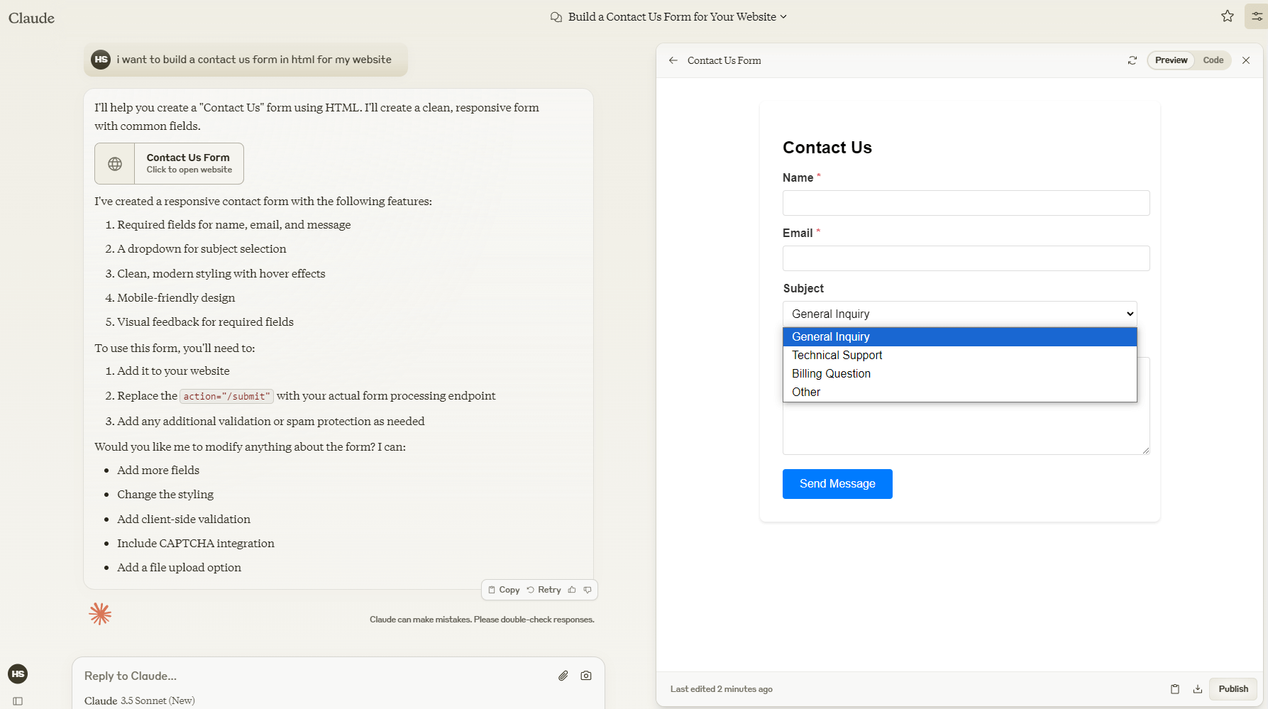 Claude Artifacts - Contact Us form