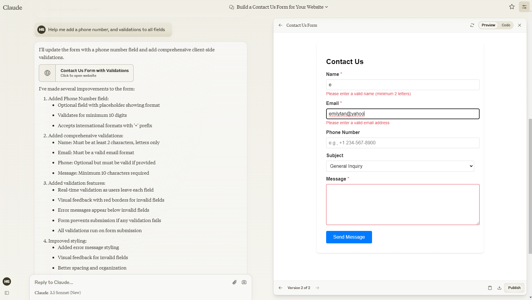 Claude Artifacts - Contact Us form add fields and validation
