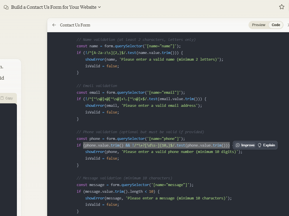 Claude Artifacts - Contact Us form add fields and validation