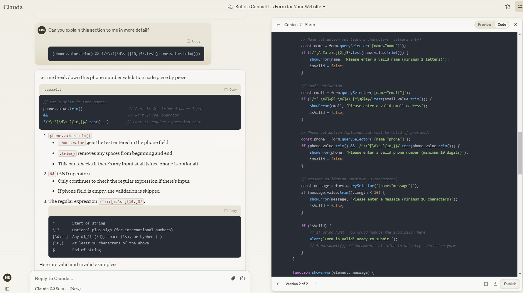 Claude Artifacts - Contact Us Regex Code explaination