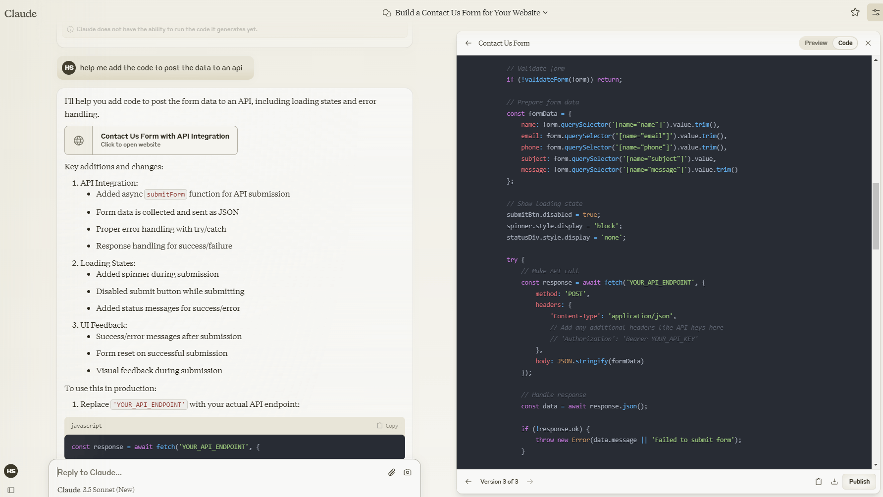 Claude Artifacts - Contact Us Adding API Call