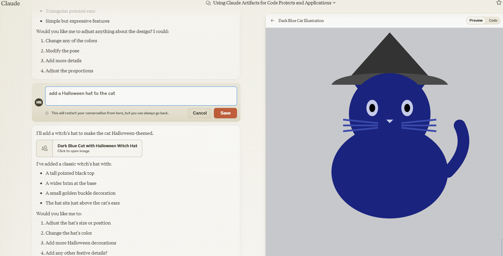 Claude Artifacts - SVG of a cat with added hat